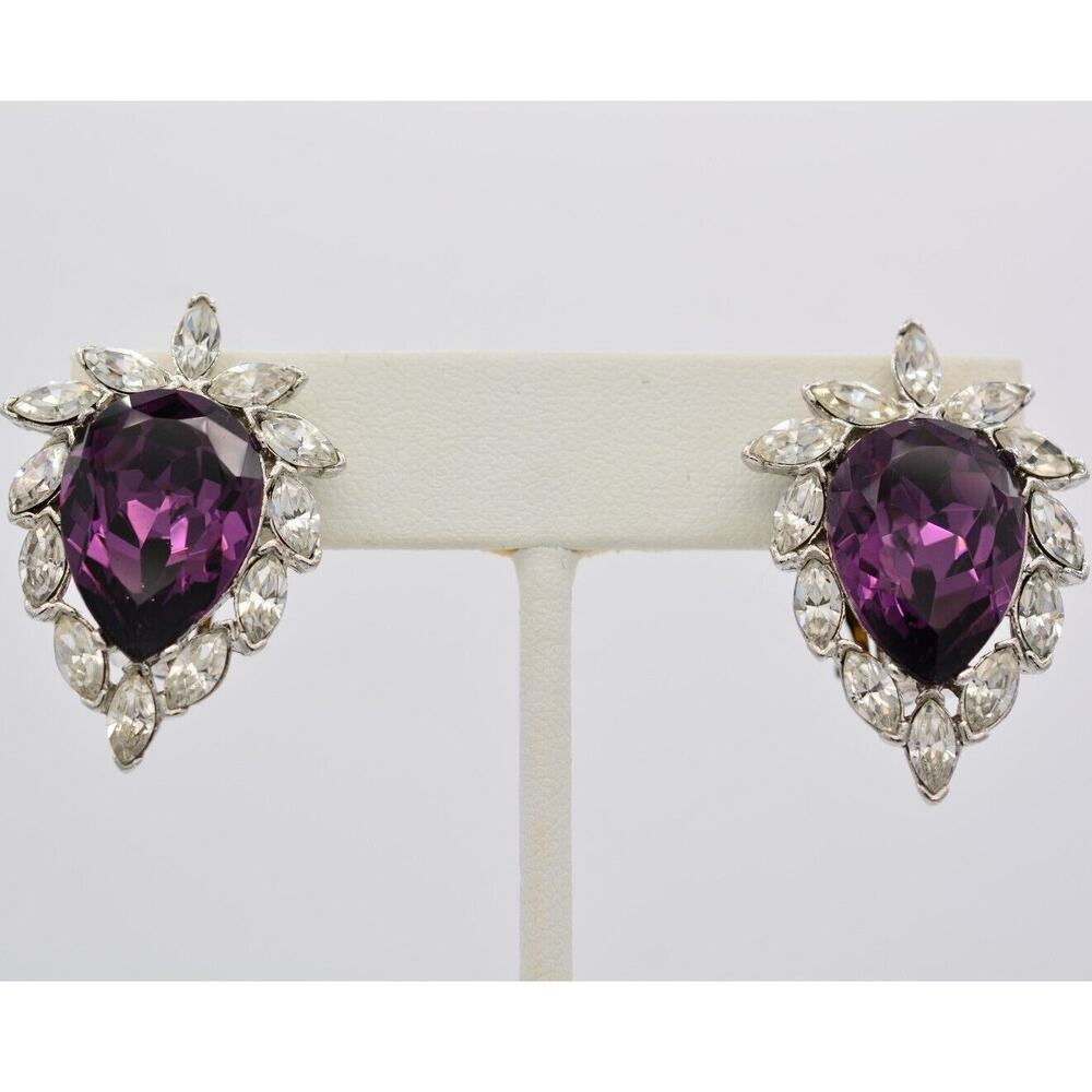 Donald Stannard Vintage Crystal Clip On Earrings Purple Rhinestone Signed BinAI